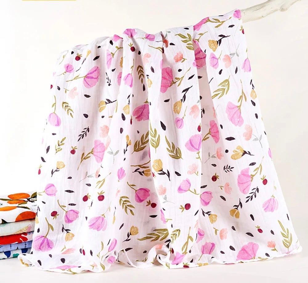 Pink floral Bamboo cotton swaddle wrap